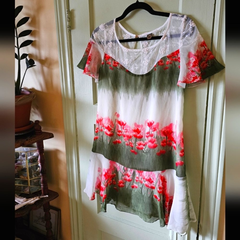 Farm Rio floral chiffon poppy field minidress